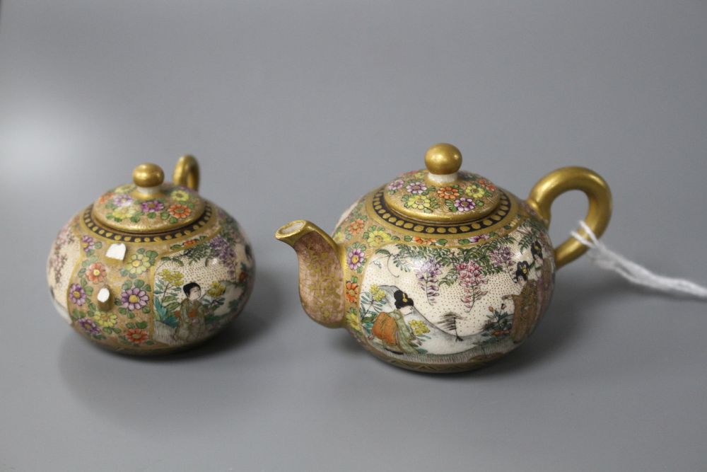 A Satsuma miniature teapot and matching sugar bowl, decorated with geisha in gardens, teapot length 7.5cm height 4.5cm